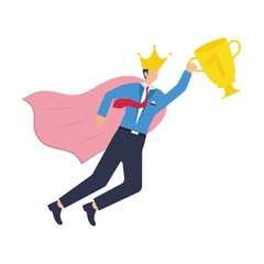 Success superhero businessman stand near 1st place award and crown best employee of the month, triumph concept, success businessman superhero stand with 1st place award with crown. stock illustration 