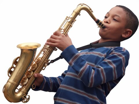 Young Musician: African American Boy Playing Saxophone with Passion and Focus - Musical Instrument, Education, Childhood