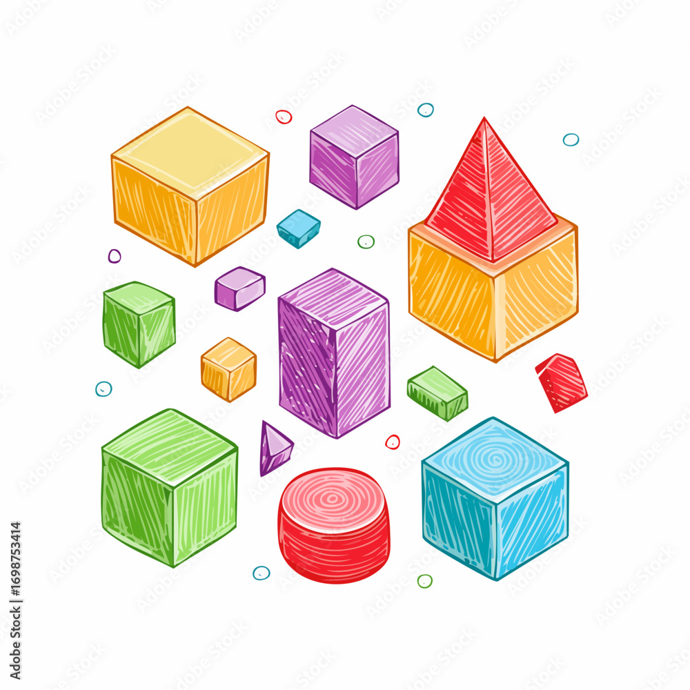 Poster funky abstract isometric geometric shapes and forms. crayon drawn playful 3d figures. set of isometr