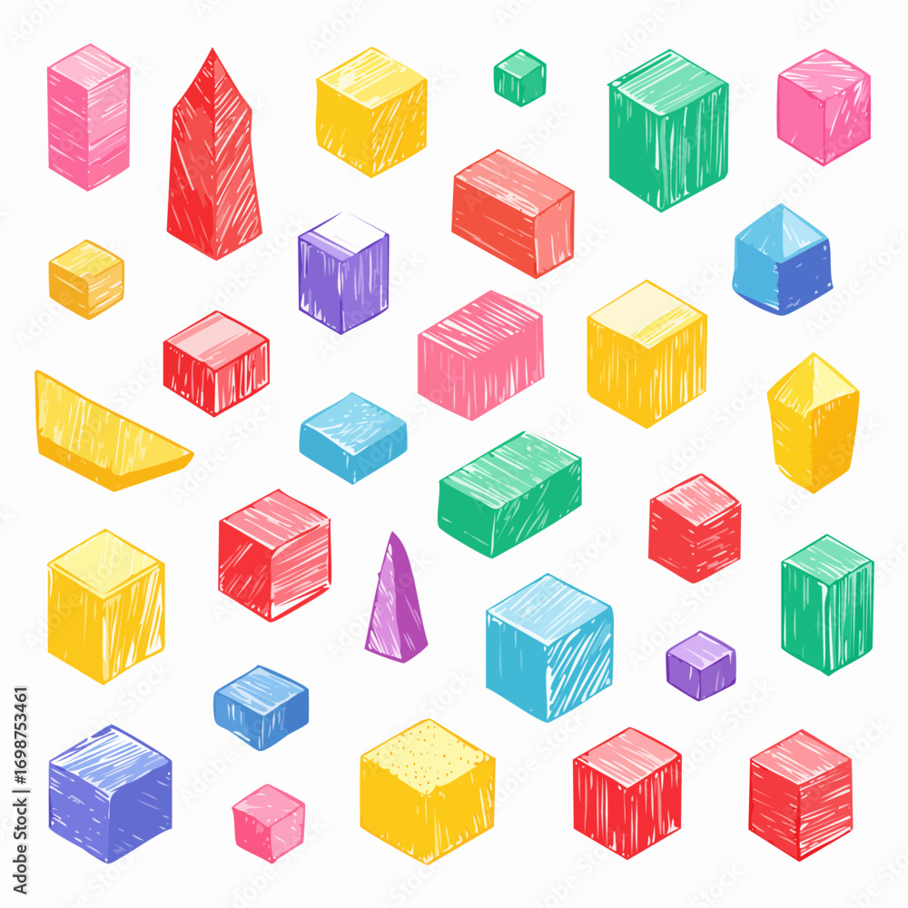Poster funky abstract isometric geometric shapes and forms. crayon drawn playful 3d figures. set of isometr