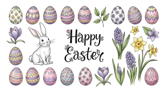 Happy Easter with Bunny and Floral Elements.