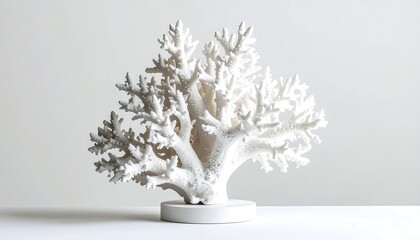 White coral sculpture, small tree-like form, on a small circular white base, against a white background