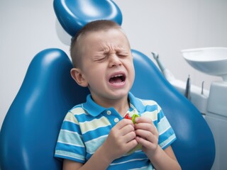 Boy's Dental Fear: Crying Child in Dentist Chair with Toy