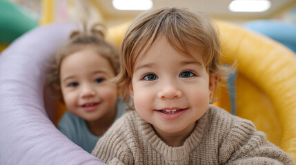 Fototapeta premium Joyful children playing indoors in a colorful play area