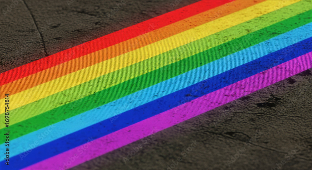 Aufkleber a colorful rainbow stripe diagonally across a dark textured surface with visible cracks and imperfec