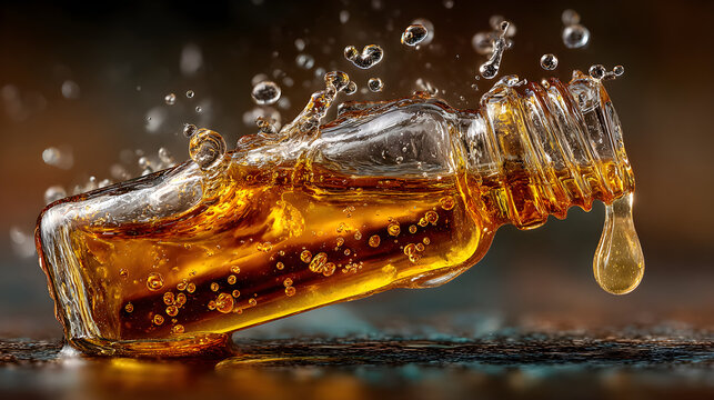 Artistic amber glass serum dropper bottle captured mid-action with a splash of luminous golden liquid