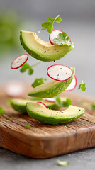 Fresh ingredients on cutting board featuring sliced avocado, radish, and herbs