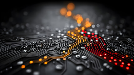 Glowing Orange and Red Circuit Interface on Dark Background