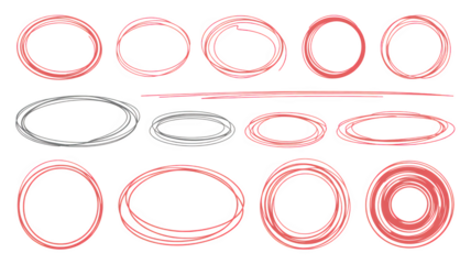 Hand drawn circle and oval set red and white scribble frames illustration isolated on transparent background