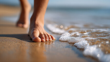 Tranquil beach walk with gentle waves on sandy shore