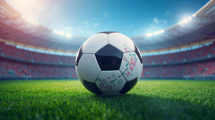 Fototapeta premium Photo of a vibrant cartoon-style soccer ball with bold black outlines and bright saturated colors.