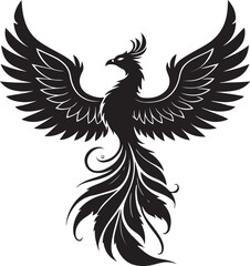 Fototapeta premium Stylized black silhouette of a phoenix with outstretched wings and flowing tail feathers bird mythical