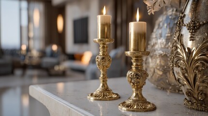 golden candle holders in an elegant home decor setting