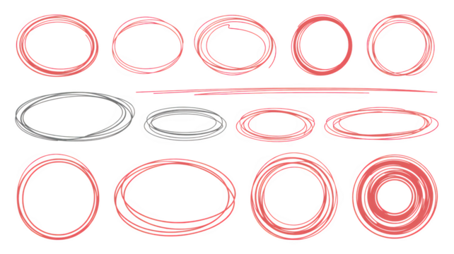 Hand drawn circle and oval set red and white scribble frames illustration isolated on transparent background