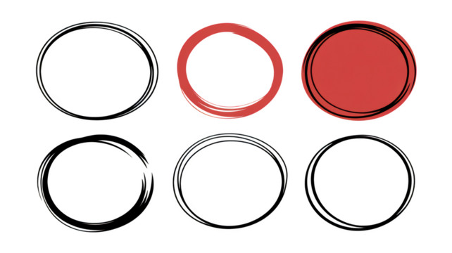 Hand drawn circular frames with brush strokes in red and white colors illustration isolated on transparent background