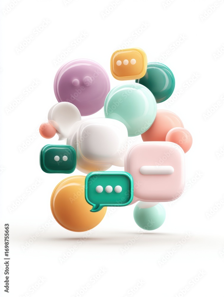 Poster colorful abstract shapes representing communication bubbles in a dynamic composition with soft shado