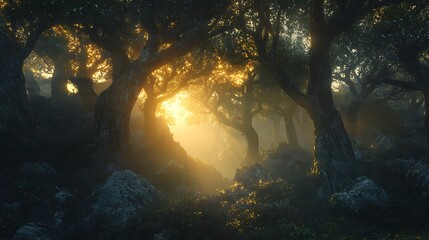 Obraz premium Sunrise shining across mystical woodland path high resolution picture