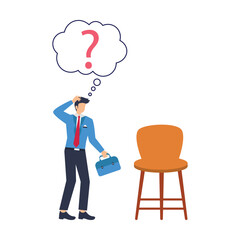 Businessman candidate looking question mark on office chair in flat design change job decision or work opportunity, recruitment or hiring concept, businessman candidate thinking with office chair 