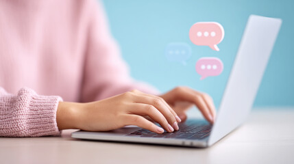 Hands typing on laptop with animated chat bubbles for online communication and social media