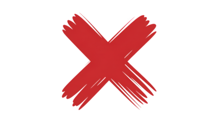 Red brushstroke x mark hand drawn style illustration isolated on transparent background