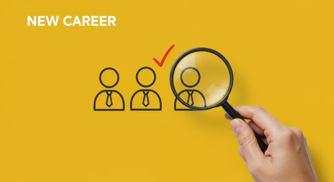 A magnifying glass hovers over a row of figures, highlighting one, symbolizing career change and new opportunities