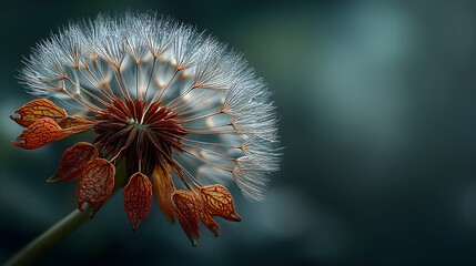 Closeup detail of a delicate dandelion seed head showcasing intricate white and brown patterns against lush greenery