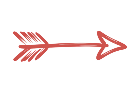 Red rough arrow pointing right direction hand drawn design illustration isolated on transparent background