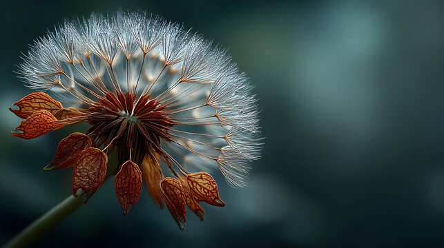Closeup detail of a delicate dandelion seed head showcasing intricate white and brown patterns against lush greenery