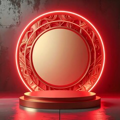 Red and gold circular podium with glowing neon light