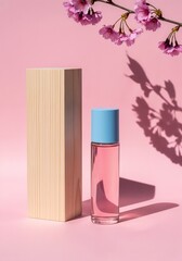 A minimalist and modern product shot of a pink perfume bottle with a light blue cap, standing next to a wooden block on a pink background, with a cherry blossom branch casting a shadow from above.