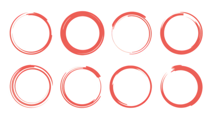 Set of eight pink grunge circular brush strokes illustration isolated on transparent background