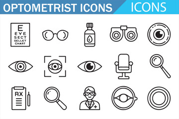 Vector ophthalmology icons set for patient care, exam, and eye health illustration