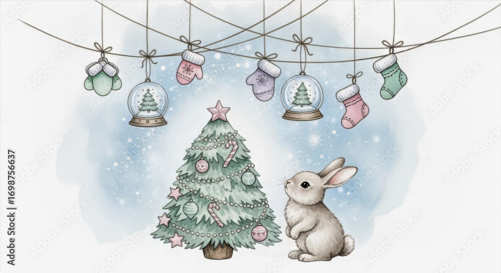 Poster a christmas tree with a star and a rabbit under hanging ornaments and snow globes on a string illust