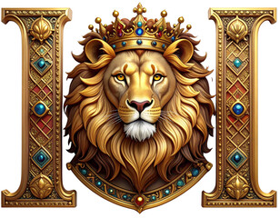 Obraz premium Stylized Heraldic Lion with Jeweled Crown, Ornamental Golden Flourishes, Grand Decorative Theme, Isolated 