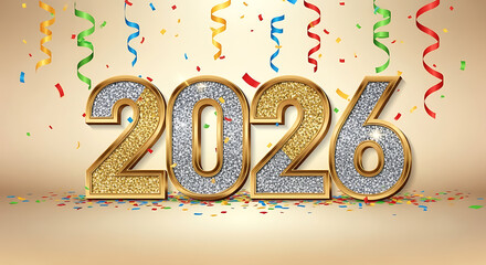 Festive 2026 New Year celebration background with sparkling gold and silver numbers, colorful confetti, and serpentine streamers