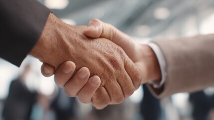 dynamic handshake symbolizes collaboration between diverse business professionals in a modern workspace during a partnership meeting