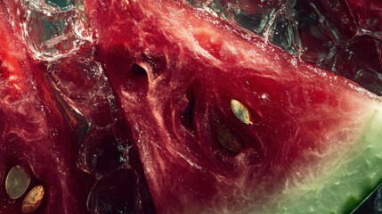 Close-up view of a watermelon slice with ice.