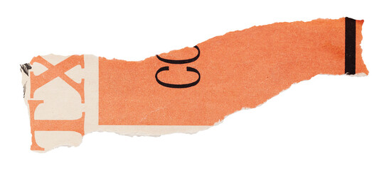 Torn strip from old vintage book, piece of orange paper with inscription isolated for design