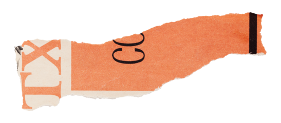 Torn strip from old vintage book, piece of orange paper with inscription isolated for design