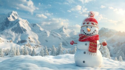 Obraz premium Winter wonderland scenery featuring a charming snowman against a majestic mountain backdrop