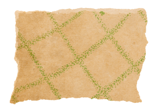 Tear scrap of yellowed vintage book sheet, old paper with green mesh pattern isolated for design