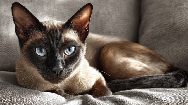 regal siamese cat lounging elegantly on a soft gray cushion in a sunlit indoor setting