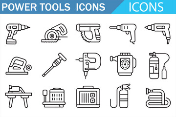 Handyman power tools outline vector icons with industrial and building equipment