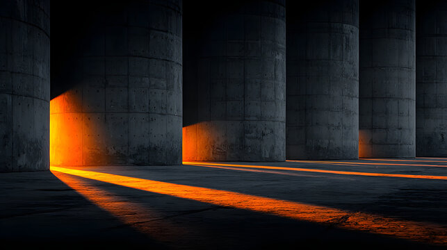 Dramatic sunlight casting defined shadows between concrete columns of a modern architectural facade