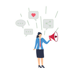 Young woman PR amplify message on social media using megaphone Marketing communication concept, Promotion or important news announcement, Isolated flat vector design illustration. stock illustration 