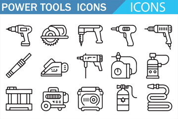 Power tools icons set illustration with drill, saw, grinder, sander, compressor, spray, and workbench, black vector line art collection for construction, workshop, handyman, and industrial equipment d