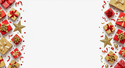 Christmas gift boxes and stars arranged on a white surface creating a festive holiday background image view