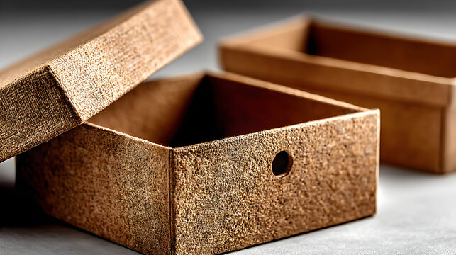 Angled close-up of a neatly opened light brown cardboard product box displayed on a clean white surface