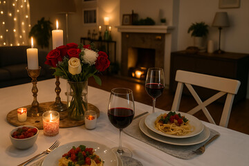 Romantic candlelight dinner date setup for couple with elegant decor
