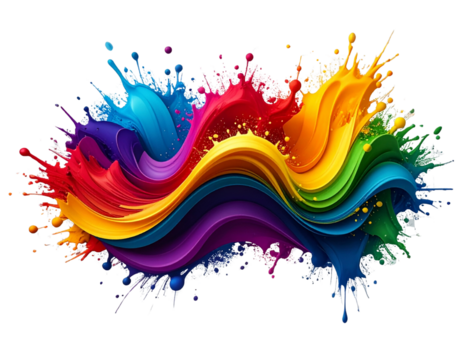 Vivid Multicolor Abstract Explosion with Dynamic Wave Shapes and Paint Droplets, Modern Artistic Style, Isolated 
